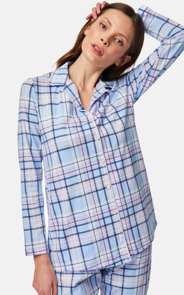 WOMEN'S PAJAMAS L.BLUE-PINK PLAID PRINTED BUTTON MINERVA