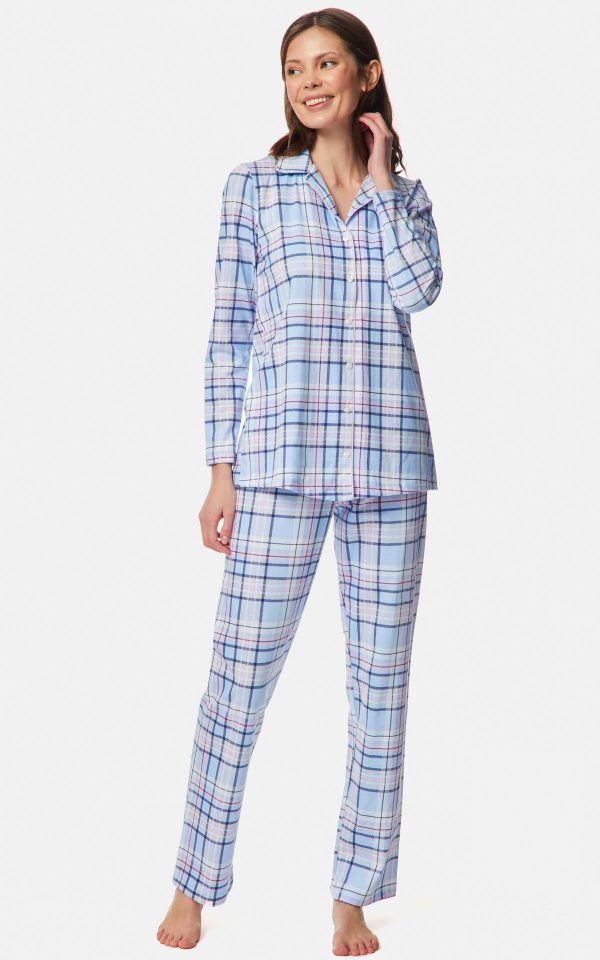 WOMEN'S PAJAMAS L.BLUE-PINK PLAID PRINTED BUTTON MINERVA