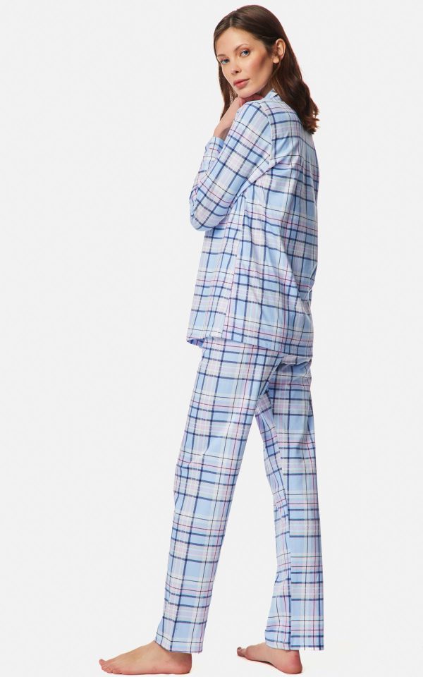 WOMEN'S PAJAMAS L.BLUE-PINK PLAID PRINTED BUTTON MINERVA