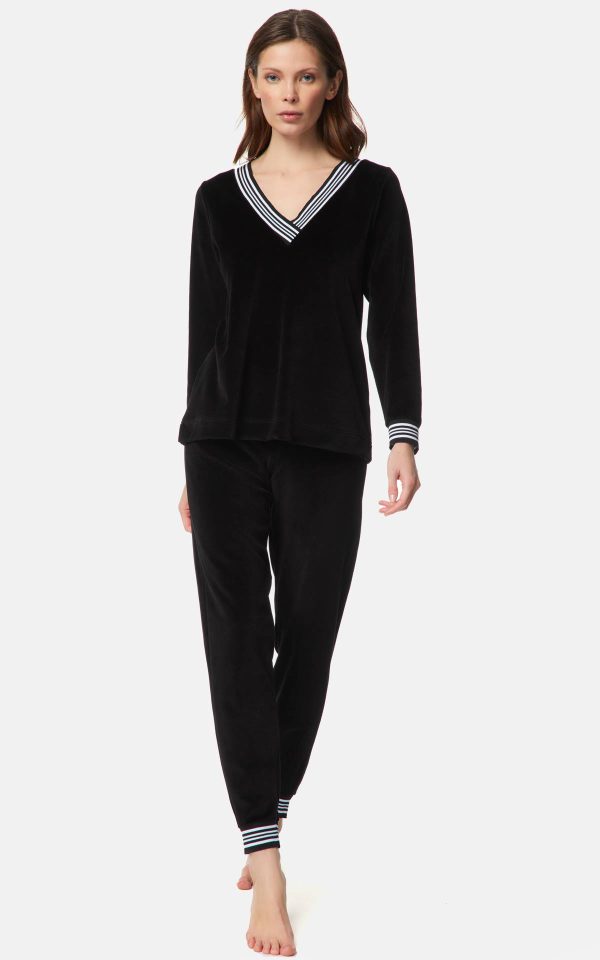 WOMEN'S BLACK VELVET PAJAMAS WITH STRIPE AND V-NECK MINERVA