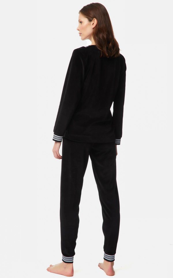 WOMEN'S BLACK VELVET PAJAMAS WITH STRIPE AND V-NECK MINERVA